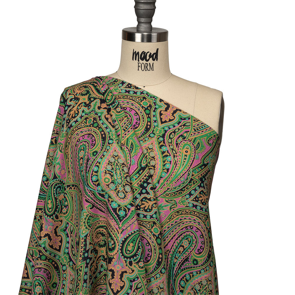 Linen and Rayon Woven - Black and Green Paisley - Hippy Shake Print - Mood Exclusive Citrus Collection - Drape