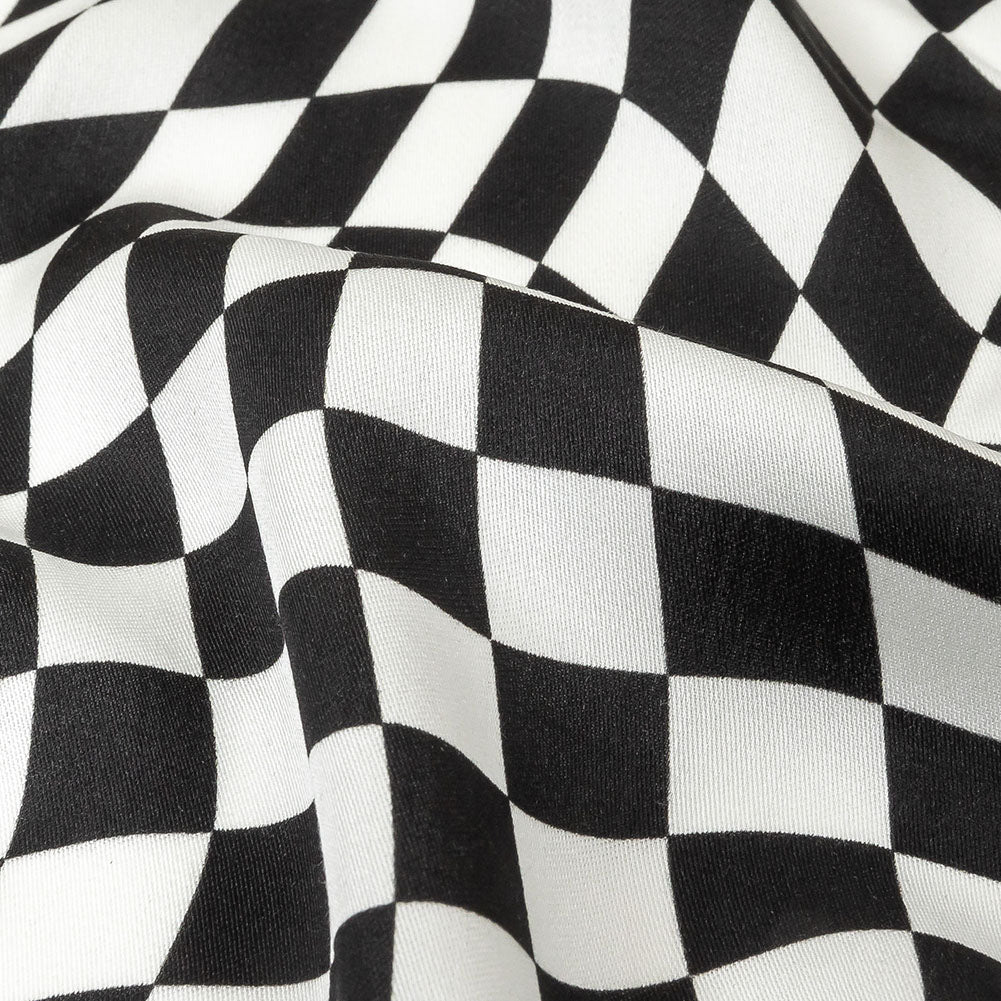 Rayon Challis - Black and White Warped Checks - Down the Rabbit Hole Print - Mood Exclusive Indigo Collection - Detail