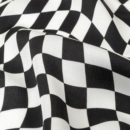 Rayon Challis - Black and White Warped Checks - Down the Rabbit Hole Print - Mood Exclusive Indigo Collection