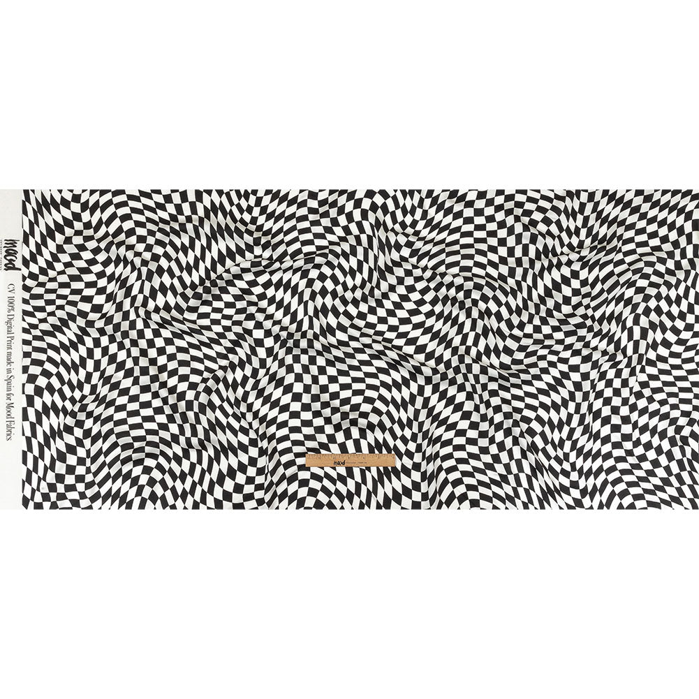 Rayon Challis - Black and White Warped Checks - Down the Rabbit Hole Print - Mood Exclusive Indigo Collection - Full