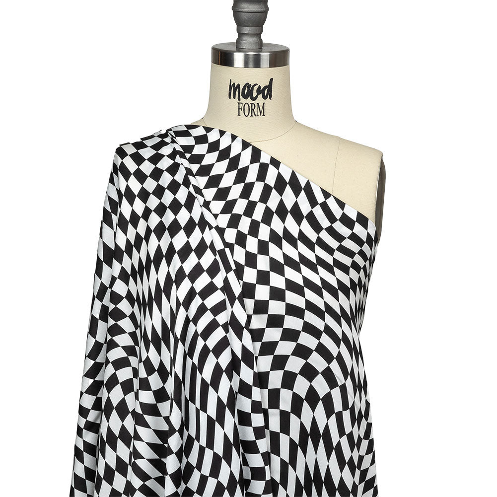 Rayon Challis - Black and White Warped Checks - Down the Rabbit Hole Print - Mood Exclusive Indigo Collection - Drape