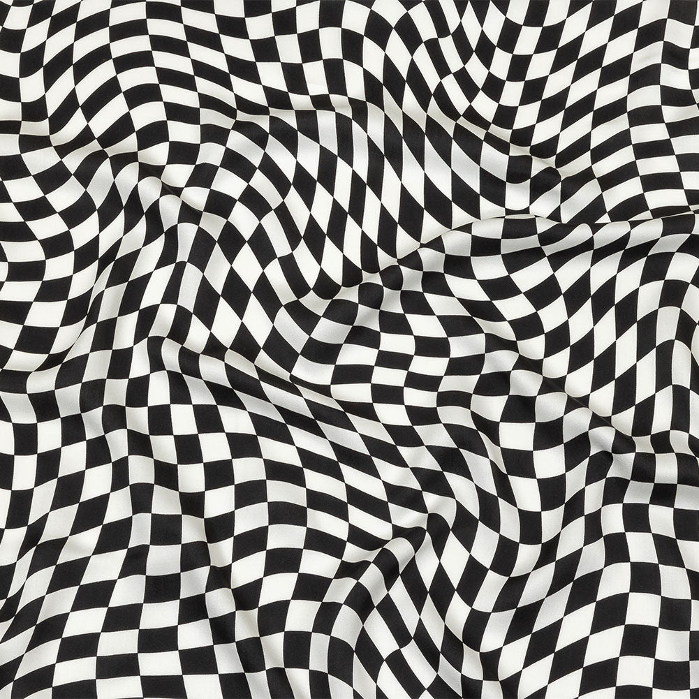 Rayon Challis - Black and White Warped Checks - Down the Rabbit Hole Print - Mood Exclusive Indigo Collection