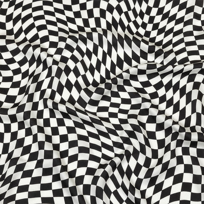 Rayon Challis - Black and White Warped Checks - Down the Rabbit Hole Print - Mood Exclusive Indigo Collection