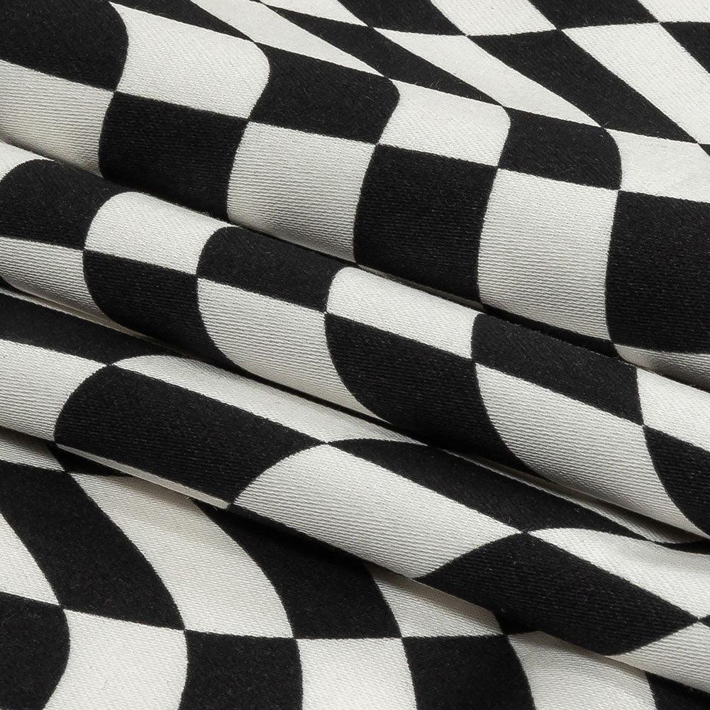 Stretch Cotton Sateen - Black and White Warped Checks - Down the Rabbit Hole Print - Mood Exclusive Indigo Collection