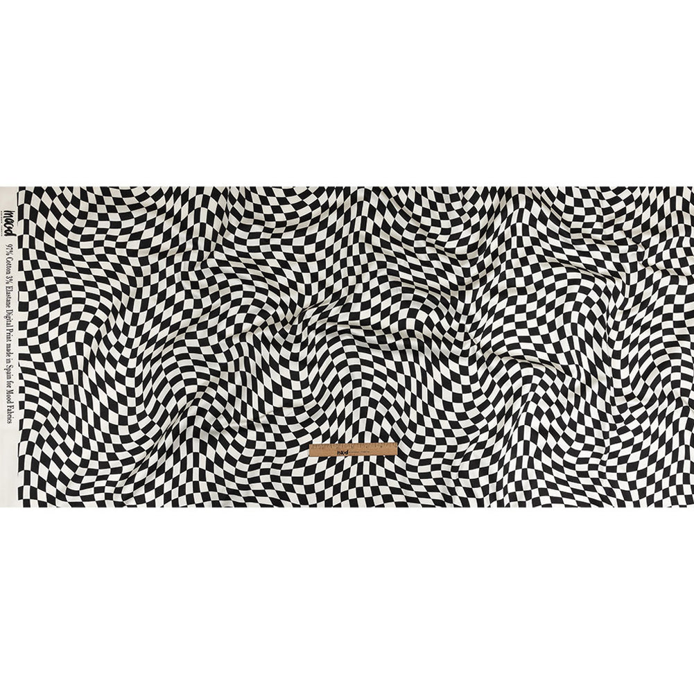 Stretch Cotton Sateen - Black and White Warped Checks - Down the Rabbit Hole Print - Mood Exclusive Indigo Collection