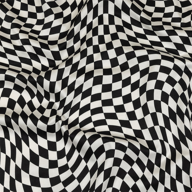 Stretch Cotton Sateen - Black and White Warped Checks - Down the Rabbit Hole Print - Mood Exclusive Indigo Collection