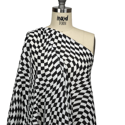 Linen and Rayon Woven - Black and White Warped Checks - Down the Rabbit Hole Print - Mood Exclusive Indigo Collection