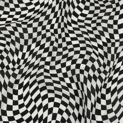 Linen and Rayon Woven - Black and White Warped Checks - Down the Rabbit Hole Print - Mood Exclusive Indigo Collection