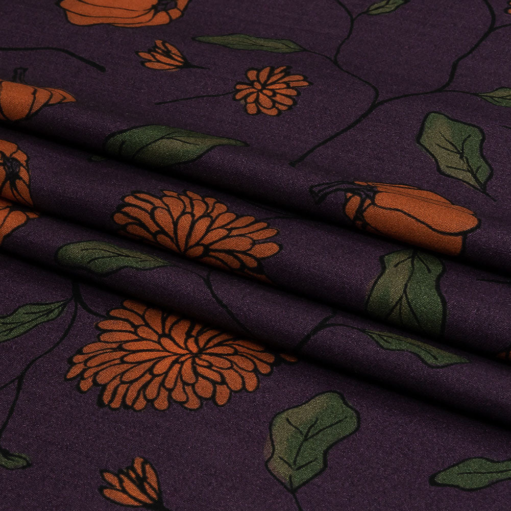 Rayon Challis - Purple and Orange Pumpkins and Flowers - Chrysanthemum Crisp Print - Mood Exclusive Jack-O-Lantern Collection - Folded