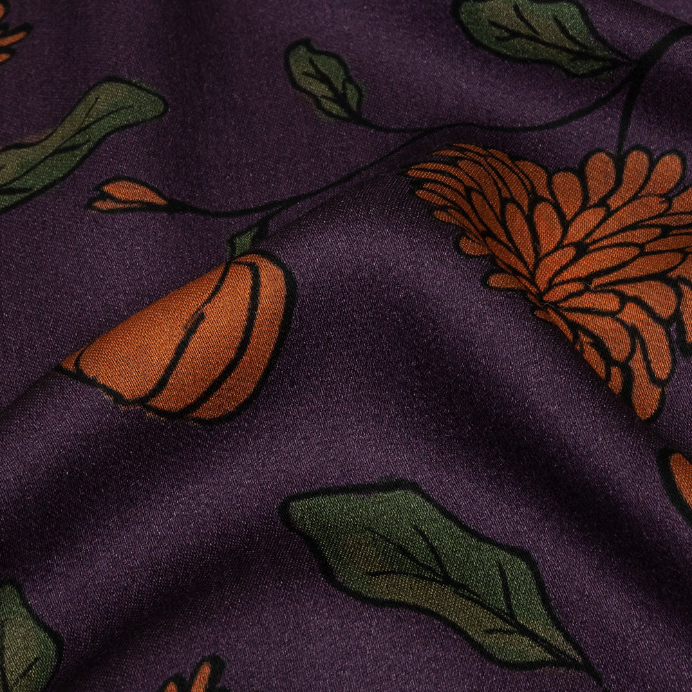 Rayon Challis - Purple and Orange Pumpkins and Flowers - Chrysanthemum Crisp Print - Mood Exclusive Jack-O-Lantern Collection - Detail