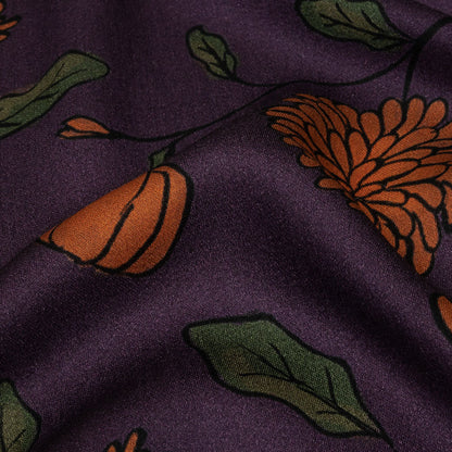 Rayon Challis - Purple and Orange Pumpkins and Flowers - Chrysanthemum Crisp Print - Mood Exclusive Jack-O-Lantern Collection