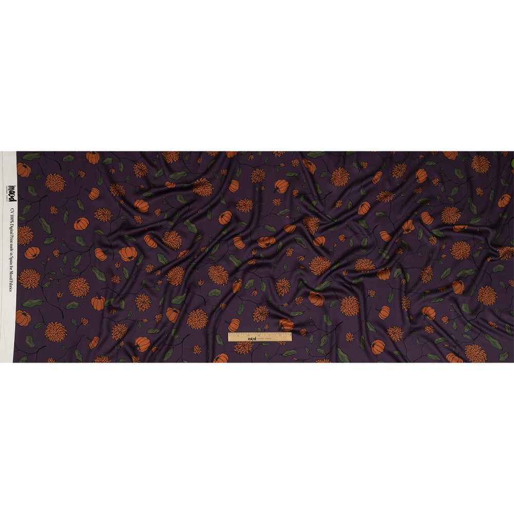 Rayon Challis - Purple and Orange Pumpkins and Flowers - Chrysanthemum Crisp Print - Mood Exclusive Jack-O-Lantern Collection - Full