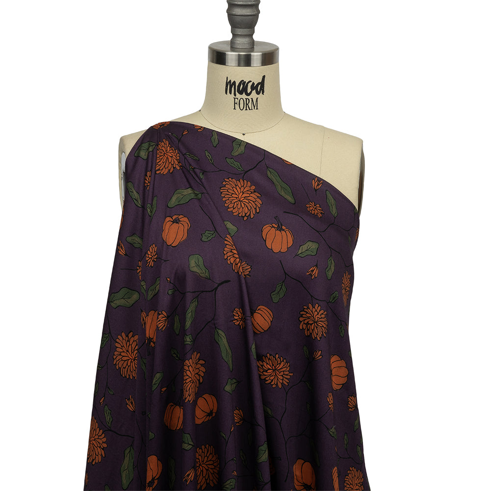 Rayon Challis - Purple and Orange Pumpkins and Flowers - Chrysanthemum Crisp Print - Mood Exclusive Jack-O-Lantern Collection - Drape
