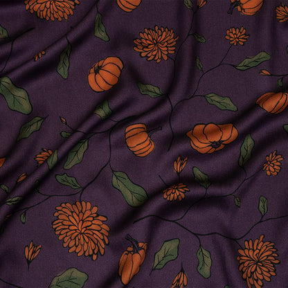 Rayon Challis - Purple and Orange Pumpkins and Flowers - Chrysanthemum Crisp Print - Mood Exclusive Jack-O-Lantern Collection