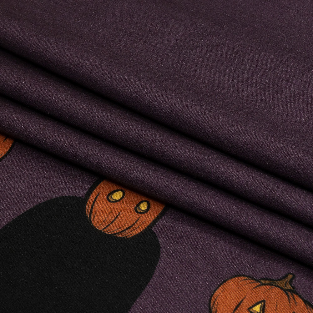 Rayon Challis - Purple Pumpkin People Border - Pumpkin Parade Print - Mood Exclusive Jack-O-Lantern Collection - Folded