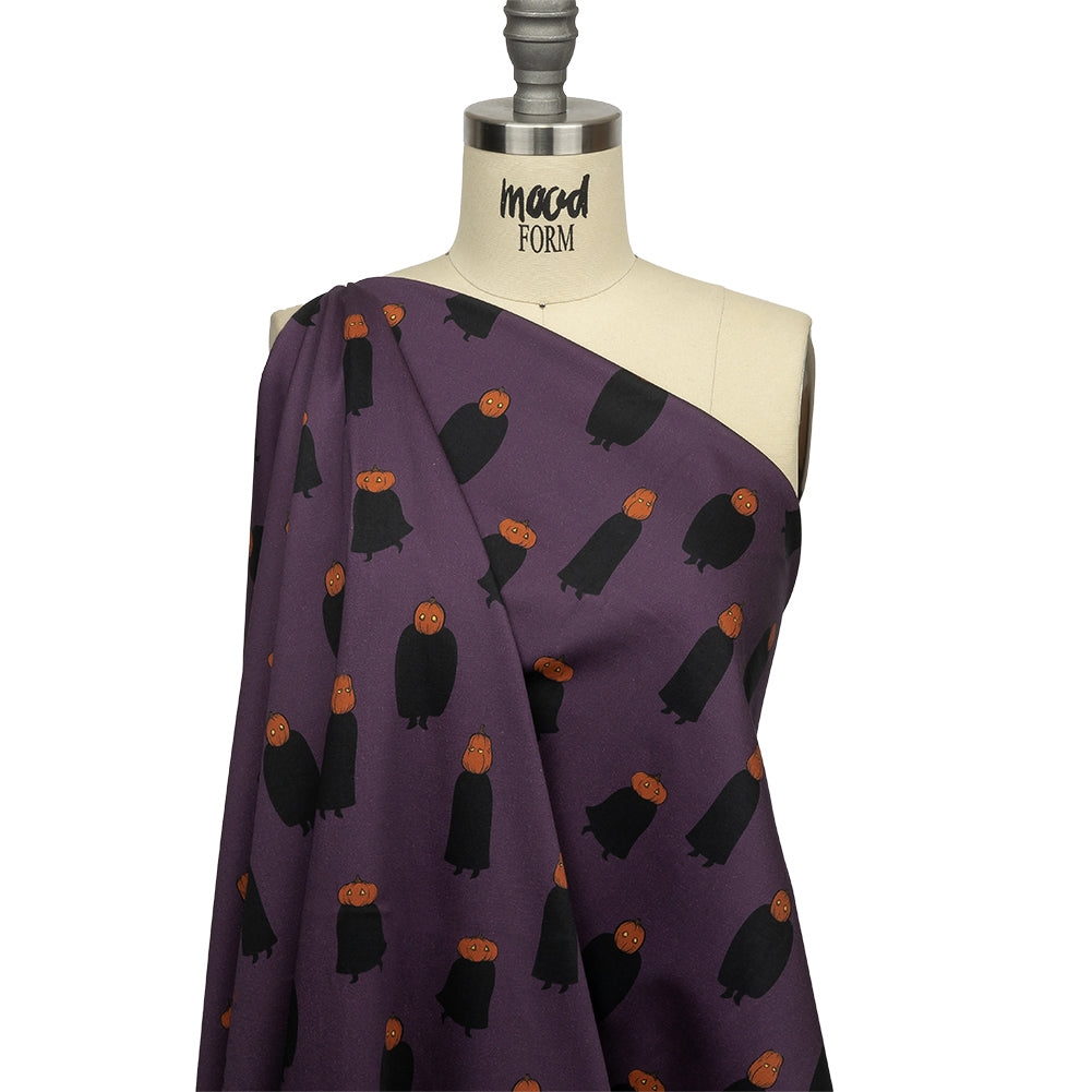 Stretch Cotton Sateen - Purple Pumpkin People - Pumpkin Patch Print - Mood Exclusive Jack-O-Lantern Collection - Drape