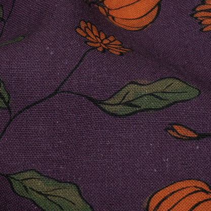 Linen and Rayon Woven - Purple and Orange Pumpkins and Flowers - Chrysanthemum Crisp Print - Mood Exclusive Jack-O-Lantern Collection