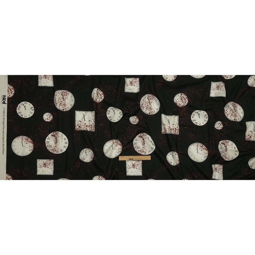 Stretch Cotton Poplin - Clocks and Blood Splatter - The Masque Print - Mood Exclusive Nevermore Collection