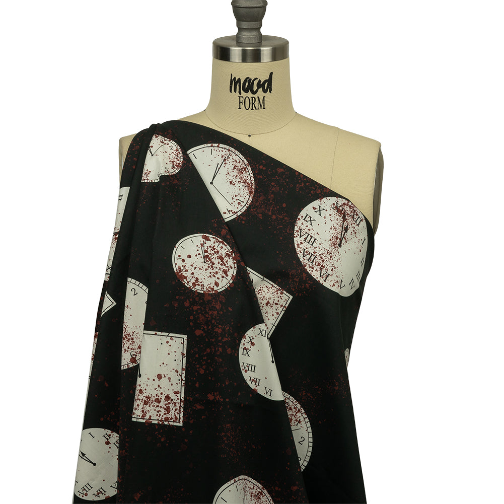 Stretch Cotton Poplin - Clocks and Blood Splatter - The Masque Print - Mood Exclusive Nevermore Collection