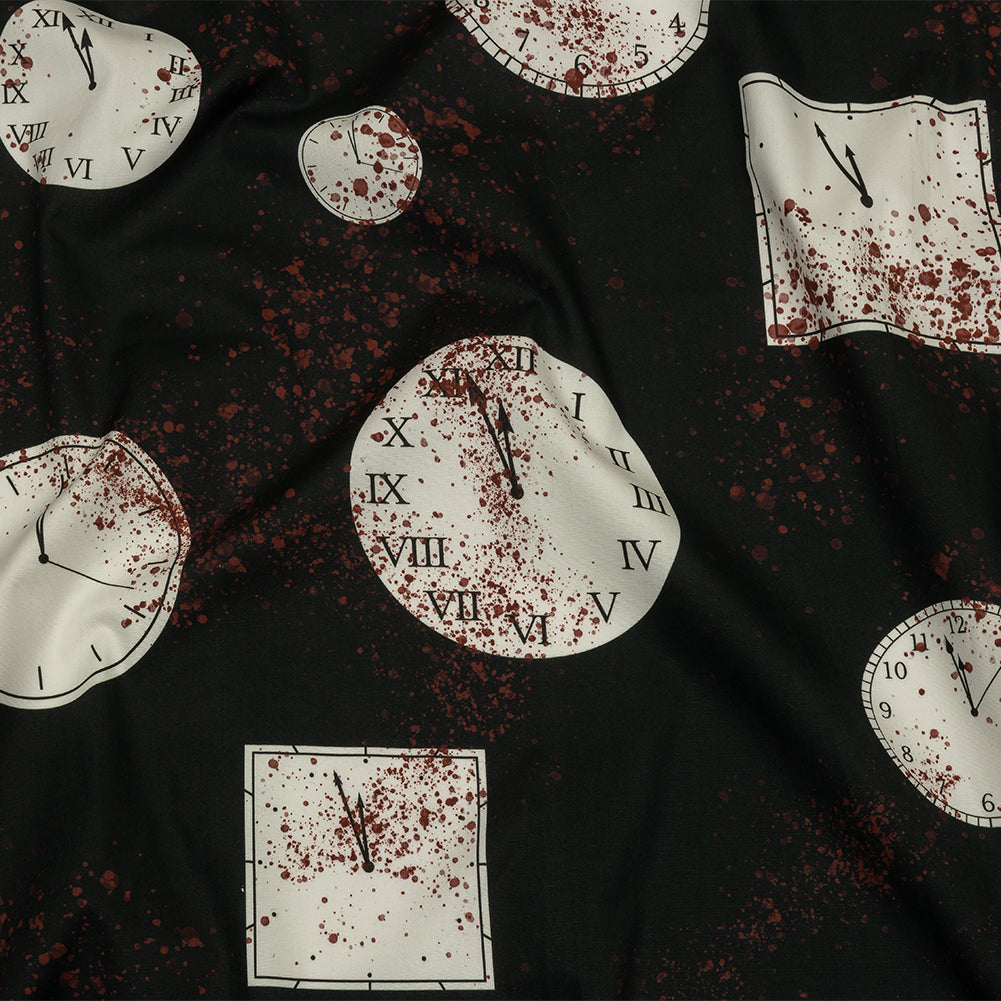 Stretch Cotton Poplin - Clocks and Blood Splatter - The Masque Print - Mood Exclusive Nevermore Collection