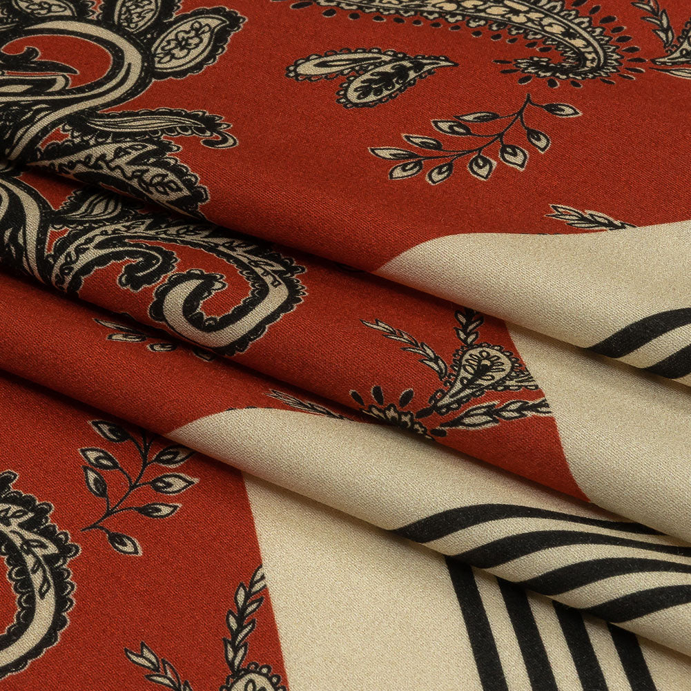Rayon Challis - White and Orange Paisley and Chevron - Well Travelled Trails Print - Mood Exclusive Rockland Collection - Folded