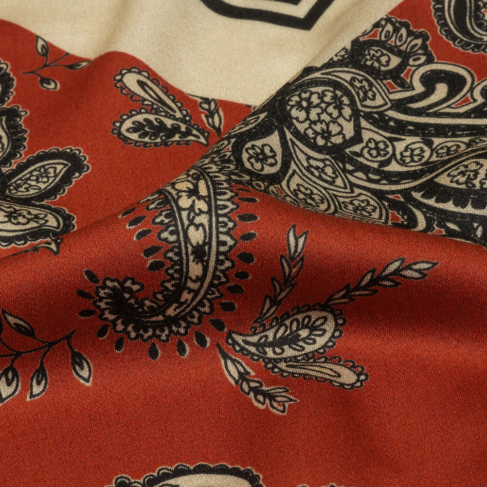 Rayon Challis - White and Orange Paisley and Chevron - Well Travelled Trails Print - Mood Exclusive Rockland Collection - Detail
