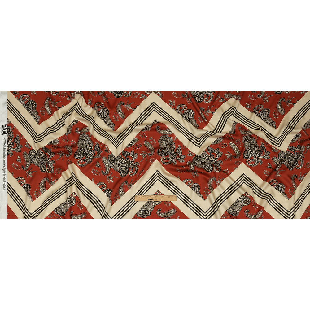 Rayon Challis - White and Orange Paisley and Chevron - Well Travelled Trails Print - Mood Exclusive Rockland Collection - Full