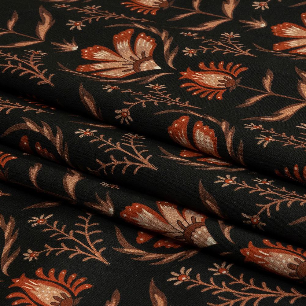 Stretch Cotton Sateen - Black and Orange Floral - Watching the Fire Print - Mood Exclusive Rockland Collection - Folded