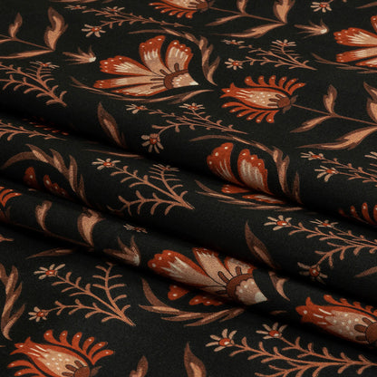 Stretch Cotton Sateen - Black and Orange Floral - Watching the Fire Print - Mood Exclusive Rockland Collection