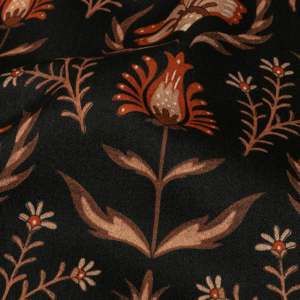 Stretch Cotton Sateen - Black and Orange Floral - Watching the Fire Print - Mood Exclusive Rockland Collection - Detail