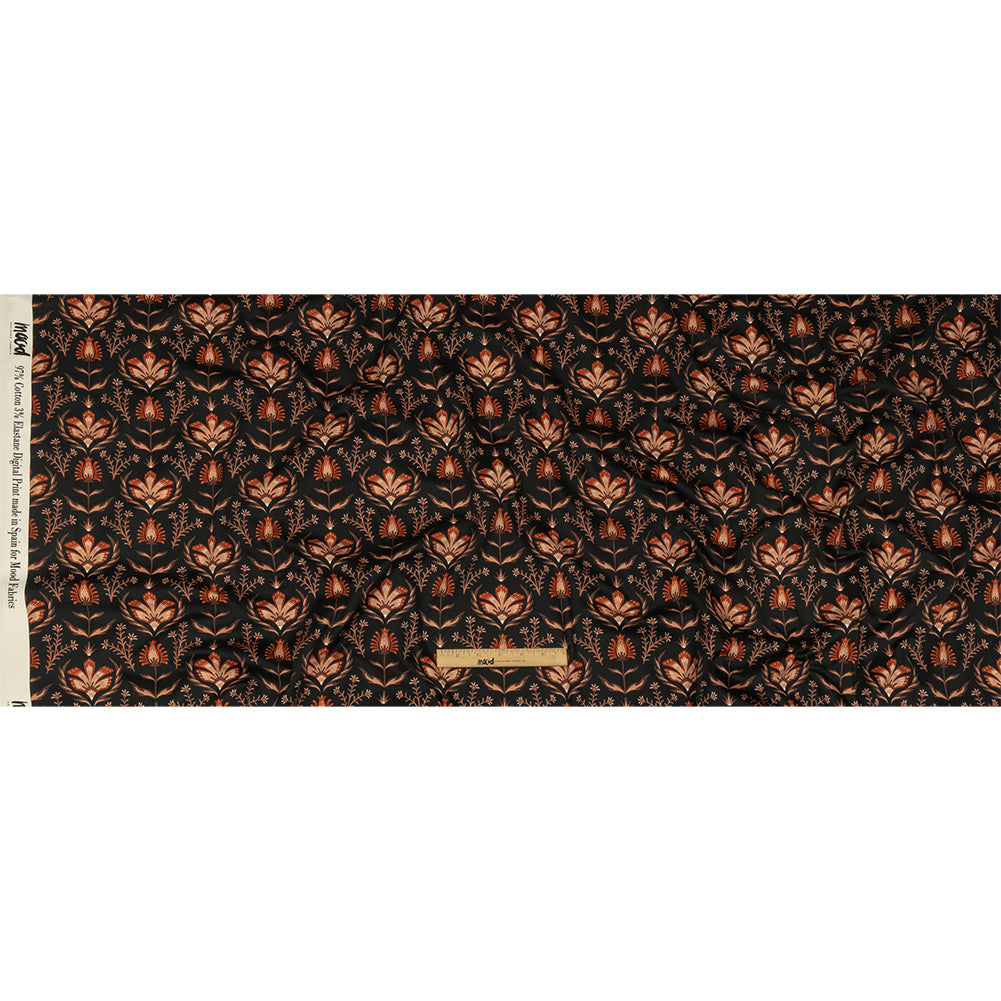 Stretch Cotton Sateen - Black and Orange Floral - Watching the Fire Print - Mood Exclusive Rockland Collection - Full