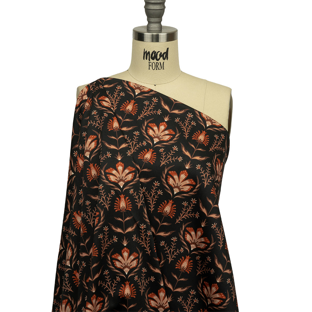 Stretch Cotton Sateen - Black and Orange Floral - Watching the Fire Print - Mood Exclusive Rockland Collection - Drape
