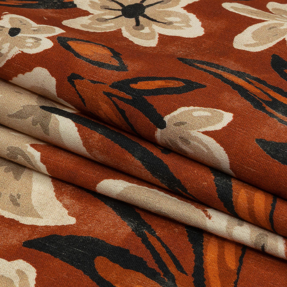 Stretch Cotton Sateen - Burnt Orange Painterly Floral - Orange Wildflower Walk Print - Mood Exclusive Rockland Collection - Folded
