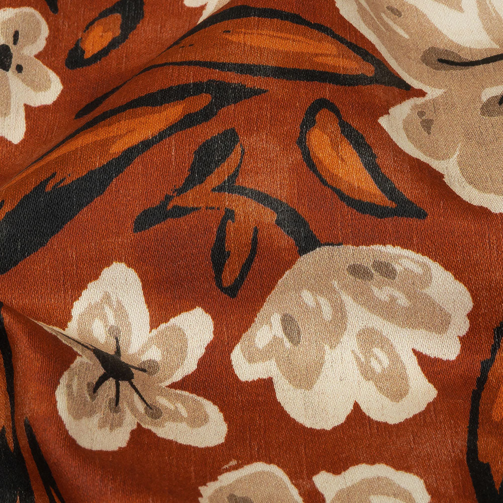 Stretch Cotton Sateen - Burnt Orange Painterly Floral - Orange Wildflower Walk Print - Mood Exclusive Rockland Collection - Detail
