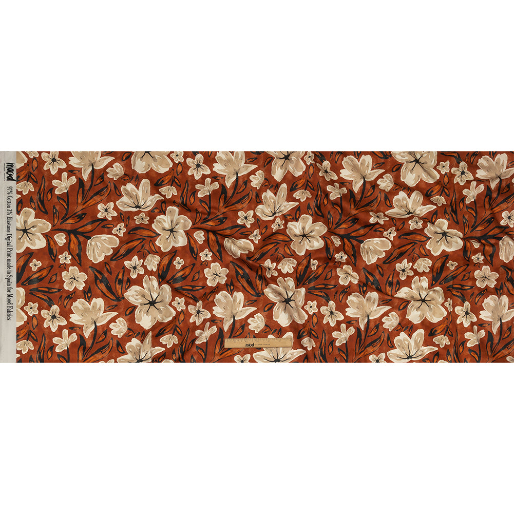 Stretch Cotton Sateen - Burnt Orange Painterly Floral - Orange Wildflower Walk Print - Mood Exclusive Rockland Collection - Full