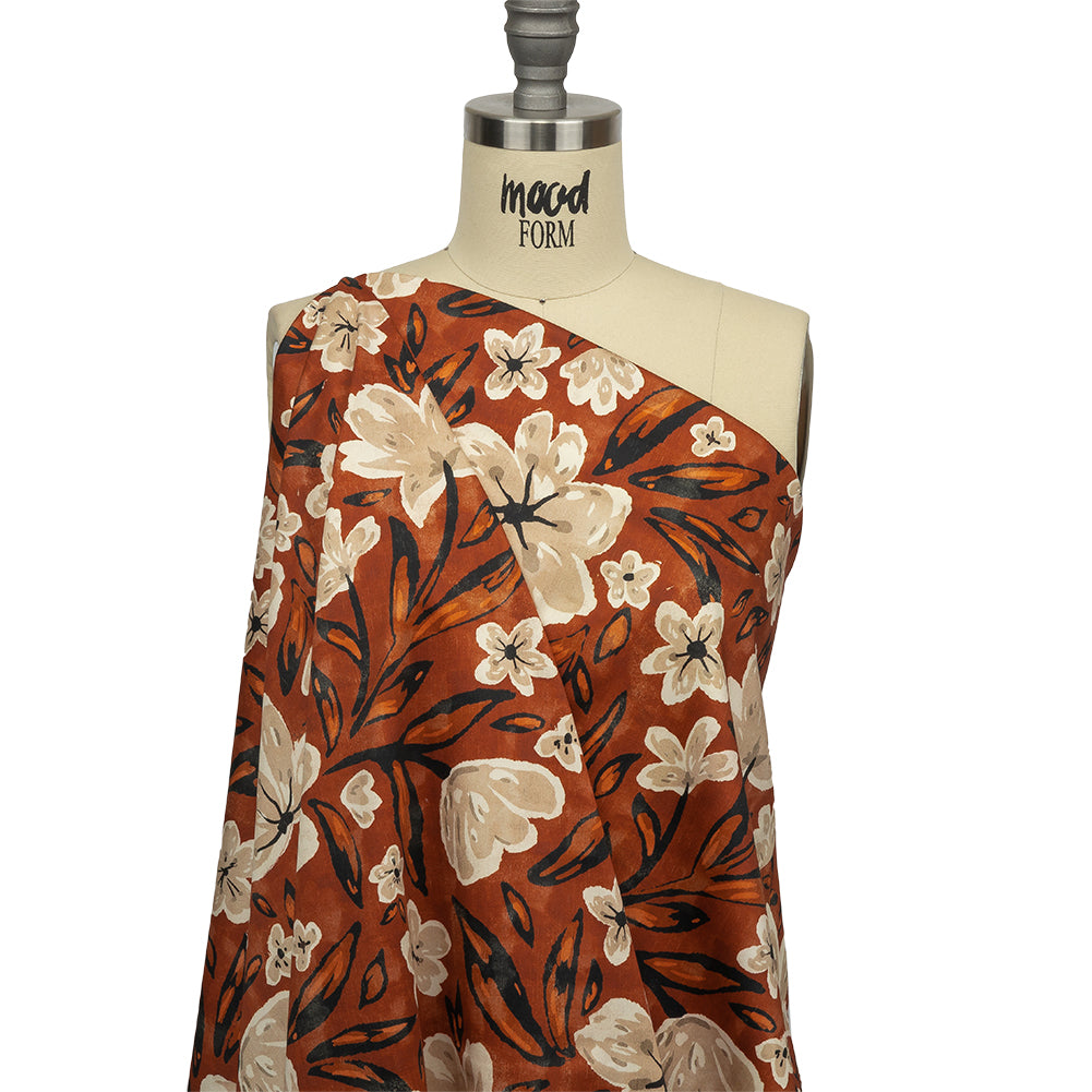 Stretch Cotton Sateen - Burnt Orange Painterly Floral - Orange Wildflower Walk Print - Mood Exclusive Rockland Collection - Drape