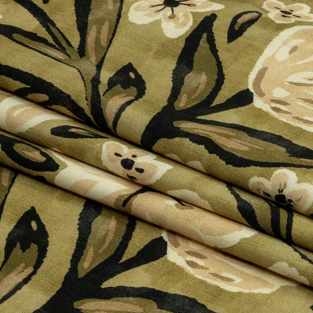 Stretch Cotton Sateen - Light Green Painterly Floral - Green Wildflower Walk Print - Mood Exclusive Rockland Collection