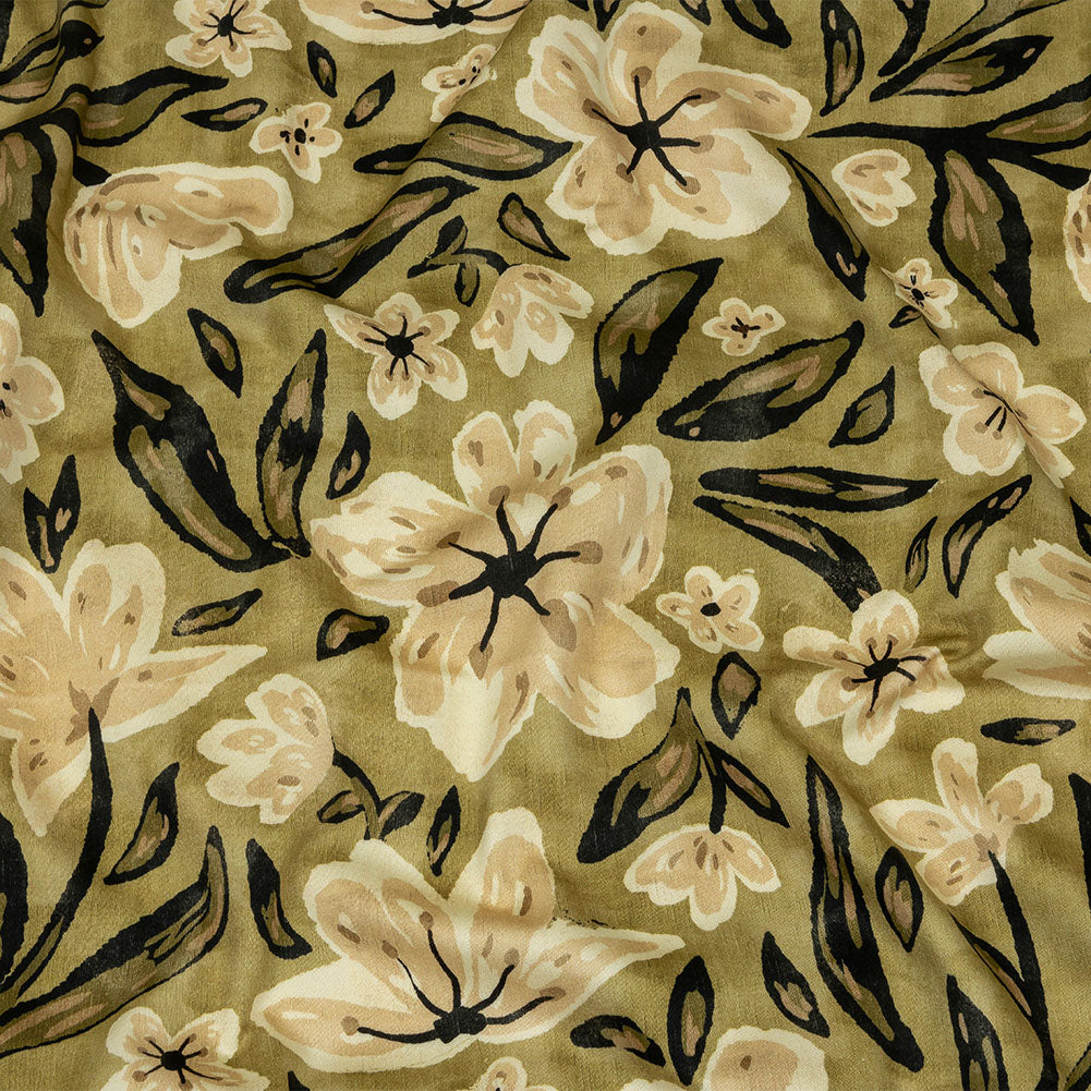 Stretch Cotton Sateen - Light Green Painterly Floral - Green Wildflower Walk Print - Mood Exclusive Rockland Collection