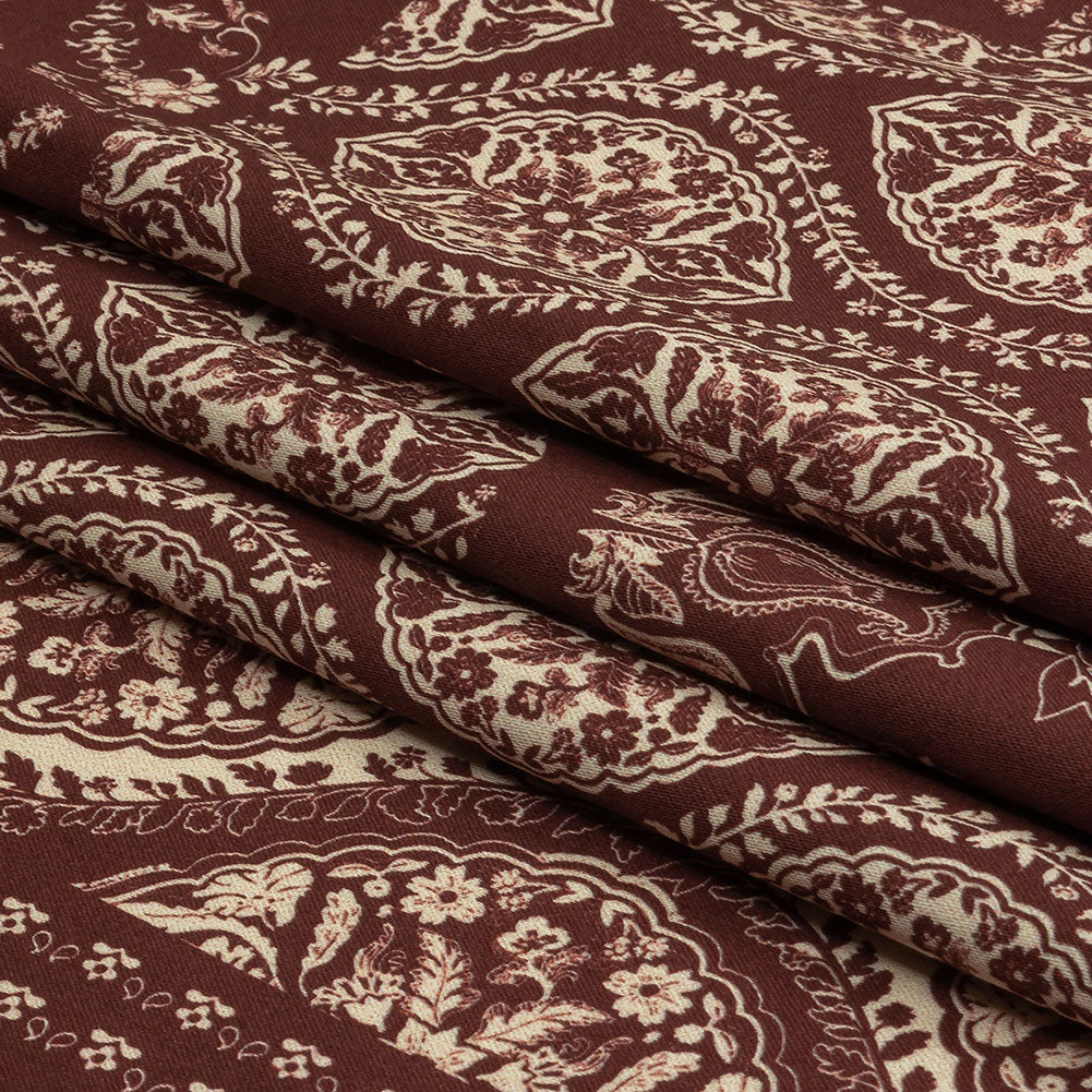 Stretch Cotton Sateen - Beige and Burgundy Paisley - Impressions in Time Print - Mood Exclusive Rockland Collection - Folded
