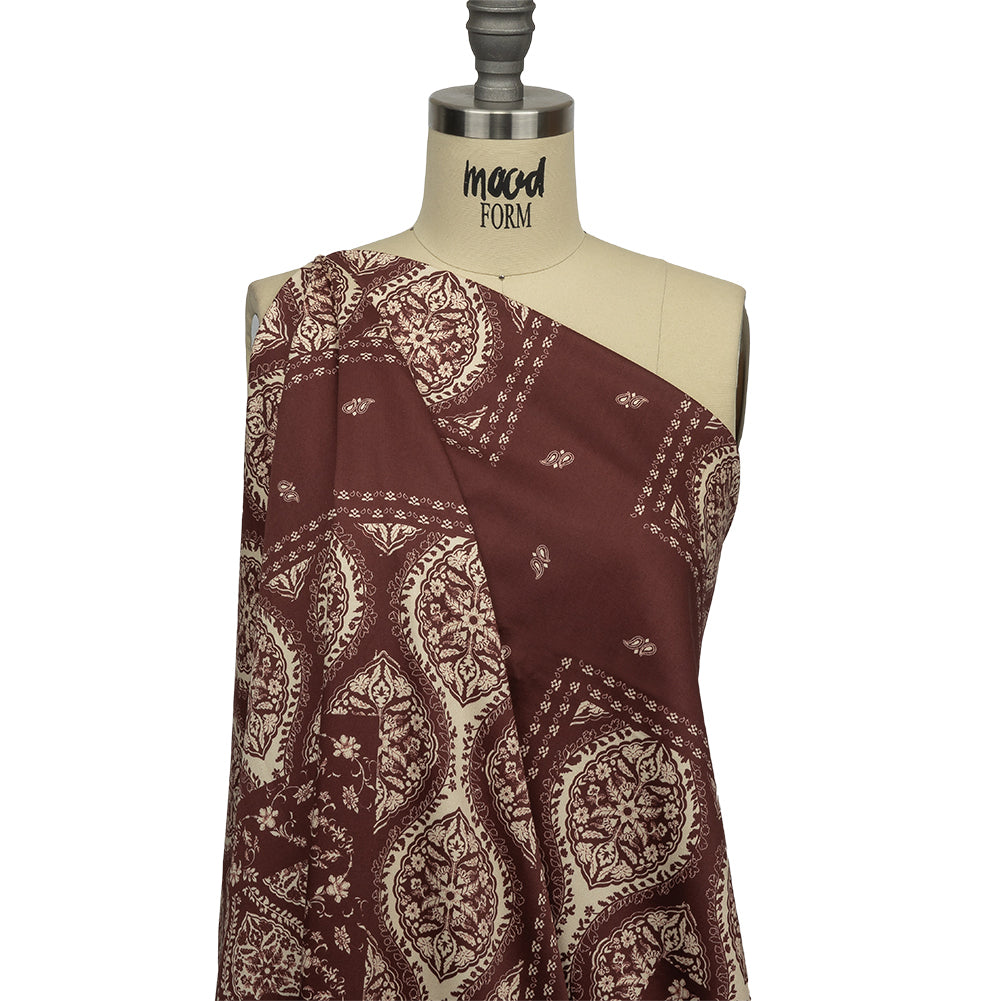 Stretch Cotton Sateen - Beige and Burgundy Paisley - Impressions in Time Print - Mood Exclusive Rockland Collection - Drape