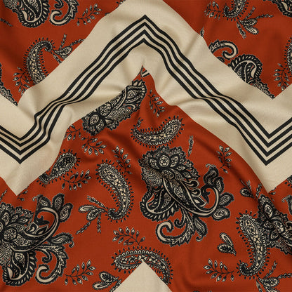 Stretch Cotton Sateen - White and Orange Paisley and Chevron - Well Travelled Trails Print - Mood Exclusive Rockland Collection