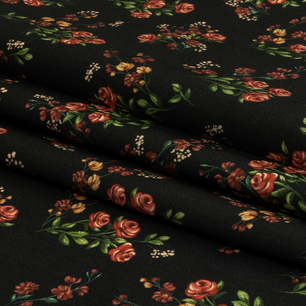 Stretch Cotton Sateen - Black and Pink Floral - Mason Jar Bouquet Print - Mood Exclusive Rockland Collection - Folded