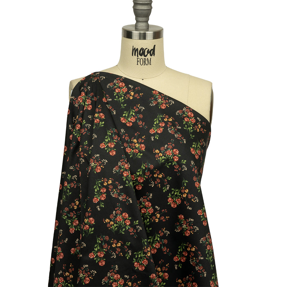 Stretch Cotton Sateen - Black and Pink Floral - Mason Jar Bouquet Print - Mood Exclusive Rockland Collection - Drape