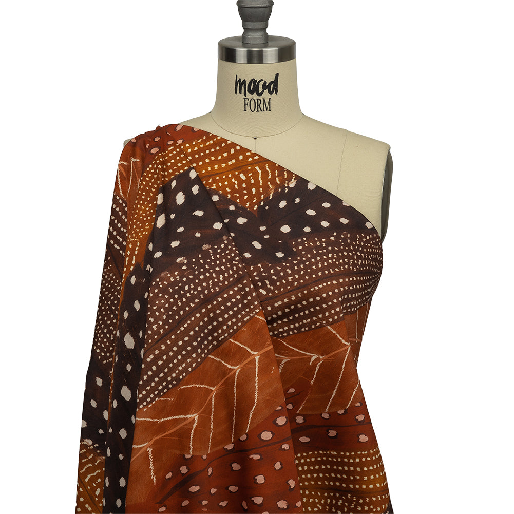 Stretch Cotton Sateen - Brown and Orange Decorated Diagonal Stripes - Wind in Your Wings Print - Mood Exclusive Rockland Collection