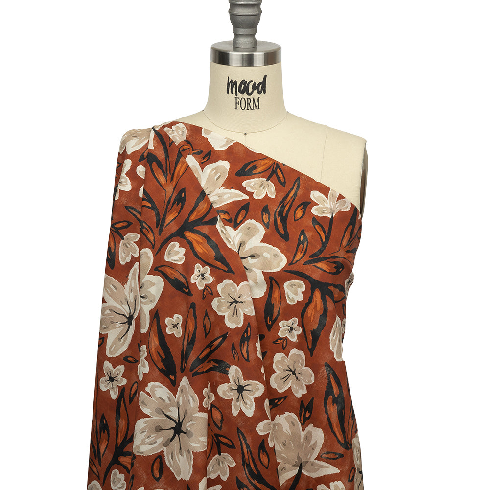 Cotton Voile - Burnt Orange Painterly Floral - Wildflower Walk Print - Mood Exclusive Rockland Collection - Drape
