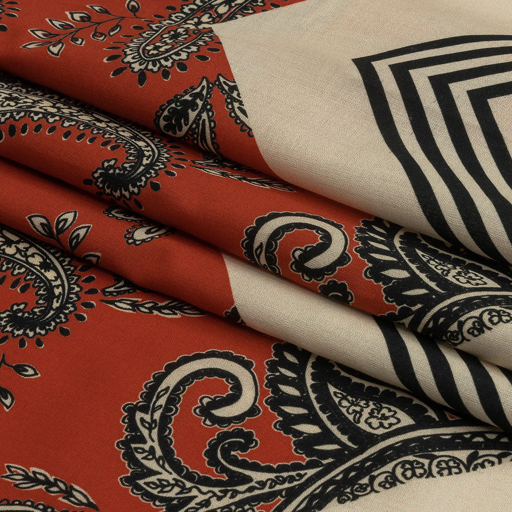 Cotton Voile - White and Orange Paisley and Chevron - Well Travelled Trails Print - Mood Exclusive Rockland Collection - Folded