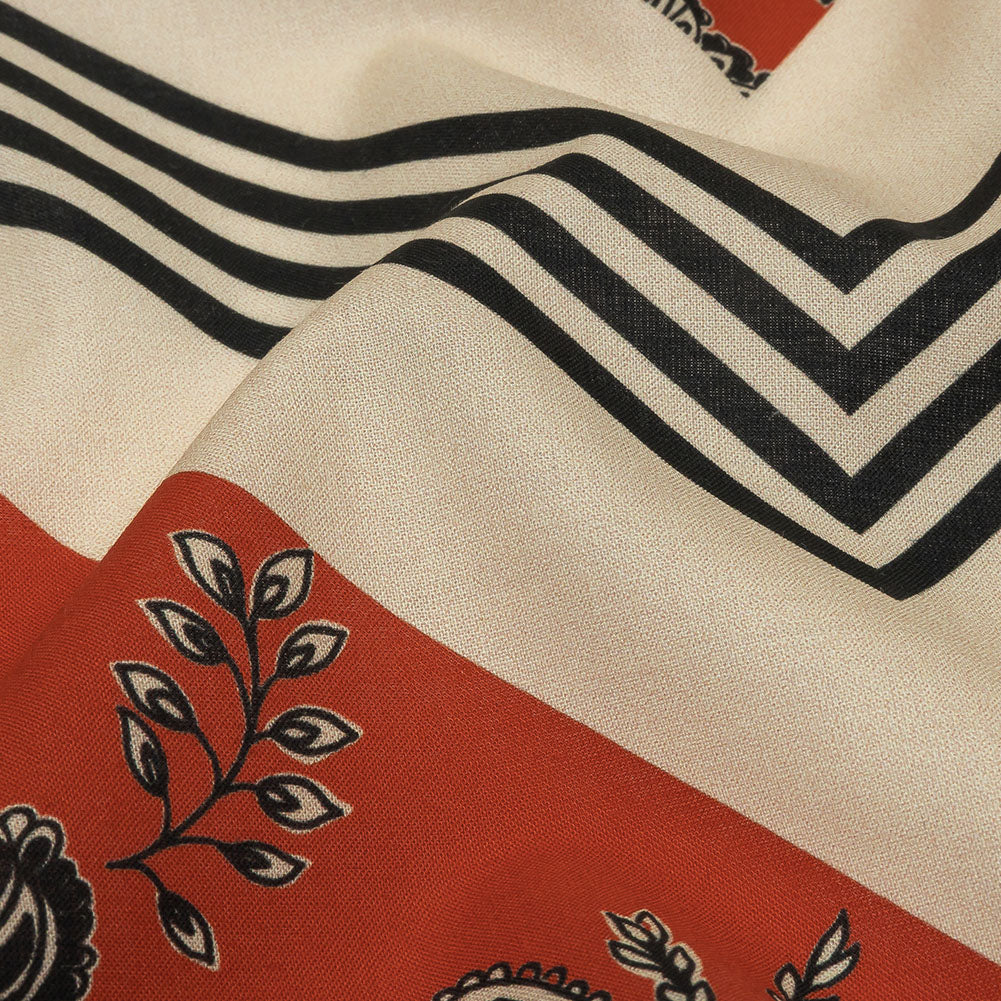 Cotton Voile - White and Orange Paisley and Chevron - Well Travelled Trails Print - Mood Exclusive Rockland Collection - Detail