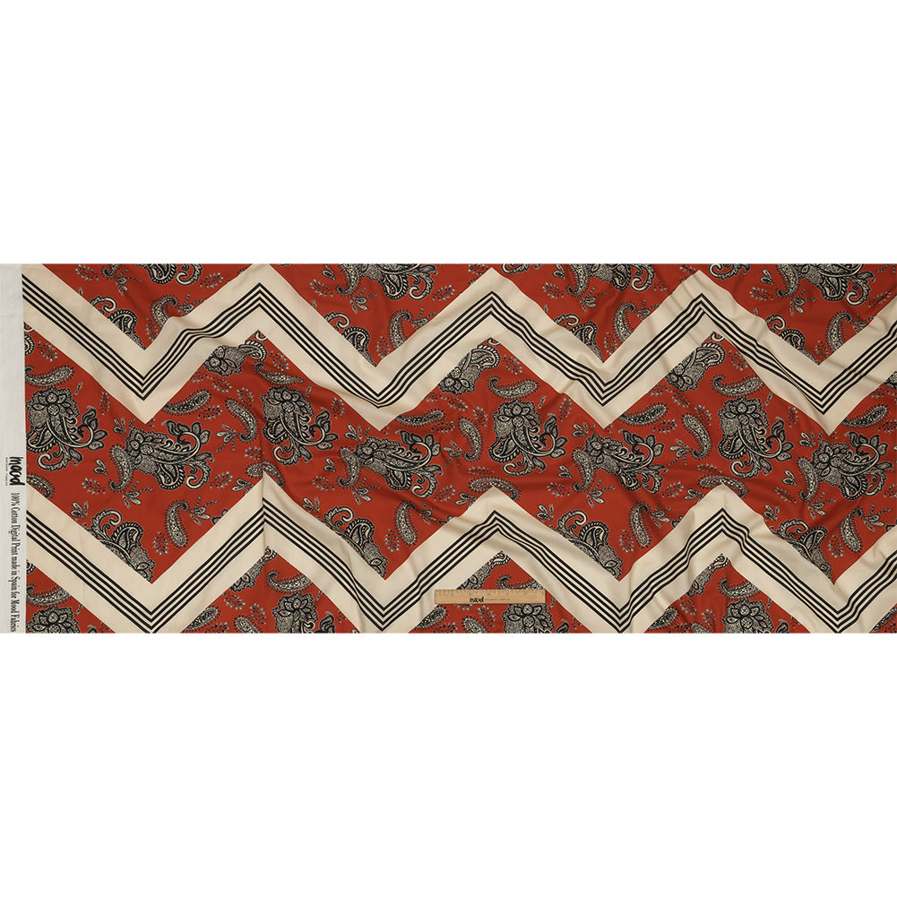 Cotton Voile - White and Orange Paisley and Chevron - Well Travelled Trails Print - Mood Exclusive Rockland Collection - Full