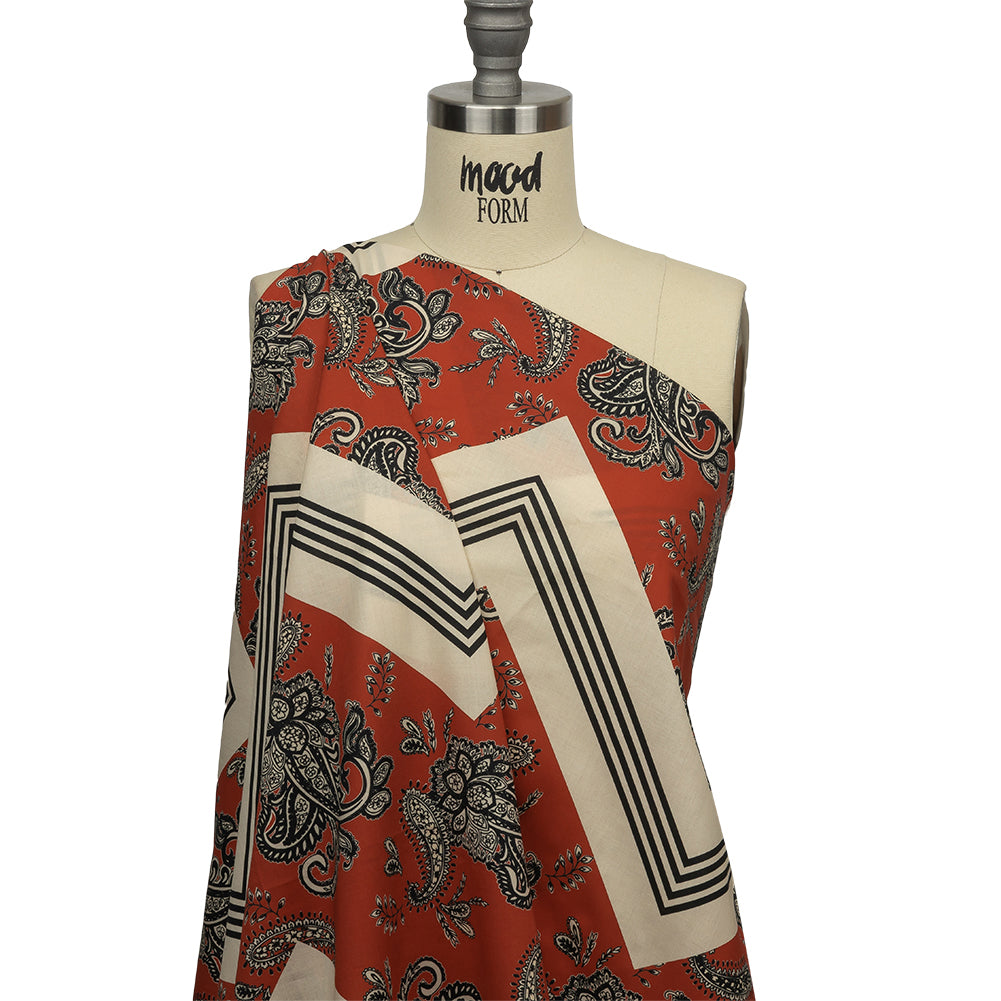 Cotton Voile - White and Orange Paisley and Chevron - Well Travelled Trails Print - Mood Exclusive Rockland Collection - Drape