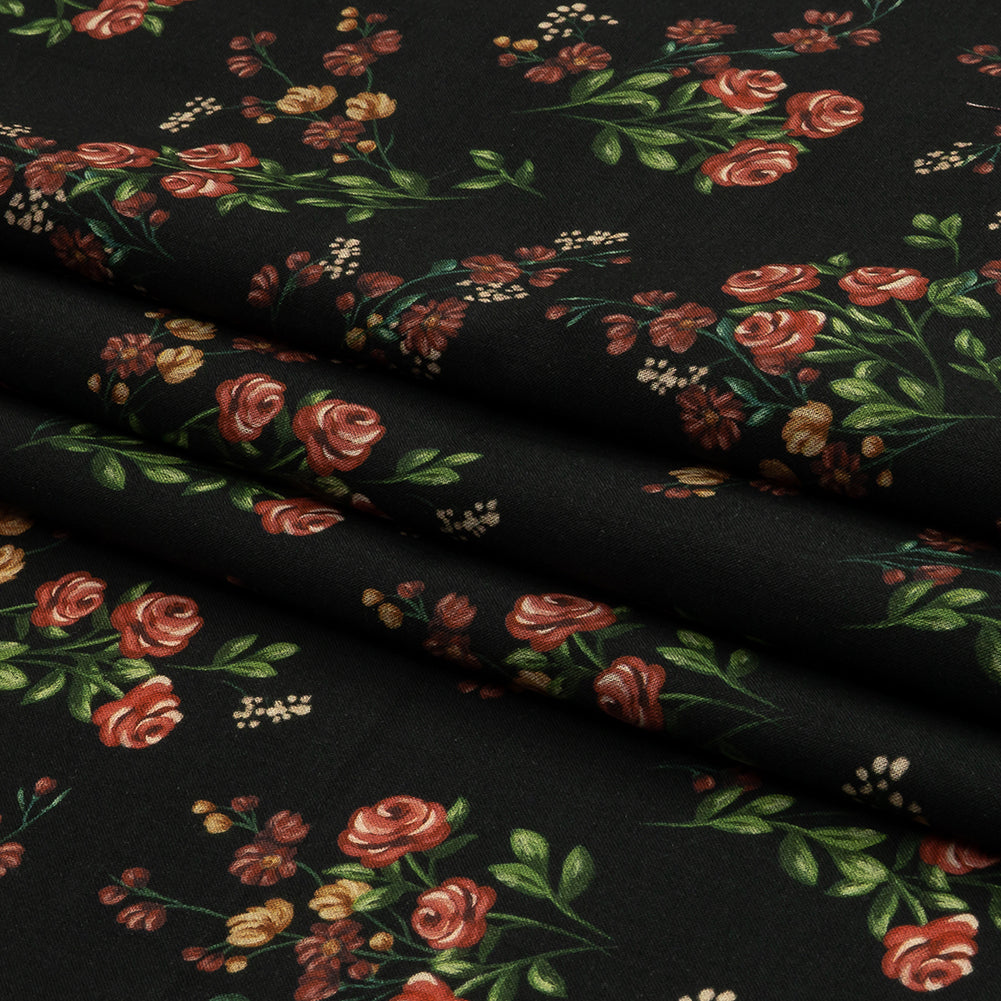 Cotton Voile - Black and Pink Floral - Mason Jar Bouquet Print - Mood Exclusive Rockland Collection - Folded